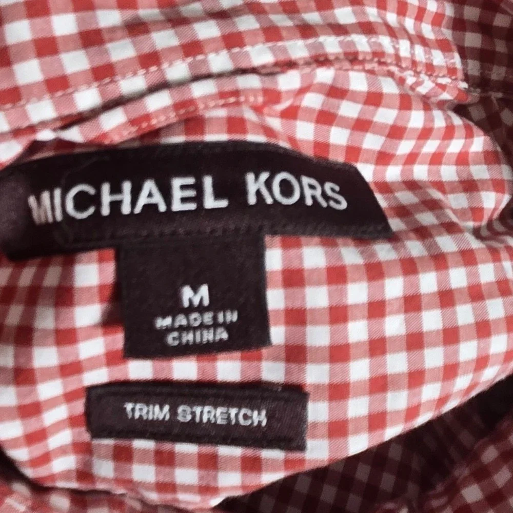 Michael Kors Mens Shirt Medium Red White‎ Gingham Check Trim Stretch Long Sleeve